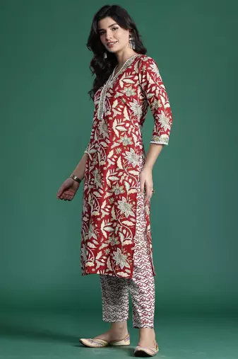Maroon printed pure cotton kurta trouser dupatta set
