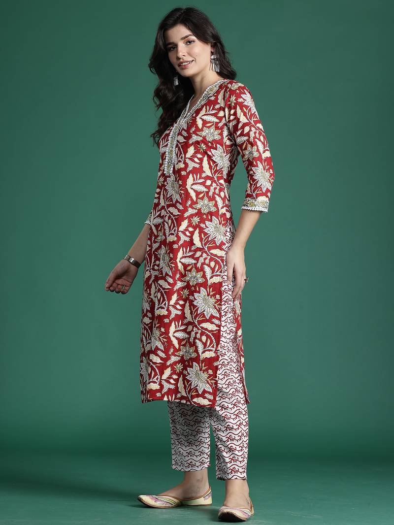 Maroon printed pure cotton kurta trouser dupatta set
