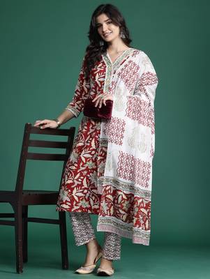 Maroon printed pure cotton kurta trouser dupatta set 1