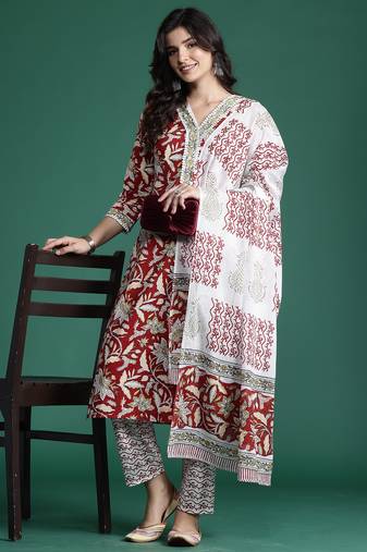 Maroon printed pure cotton kurta trouser dupatta set