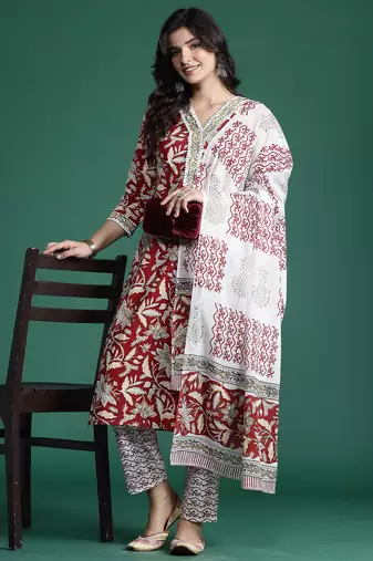 Maroon printed pure cotton kurta trouser dupatta set