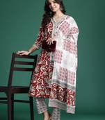 Maroon printed pure cotton kurta trouser dupatta set