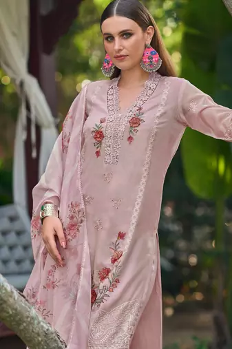 Pink embroidered silk blend kurta trouser dupatta set