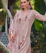 Pink embroidered silk blend kurta trouser dupatta set