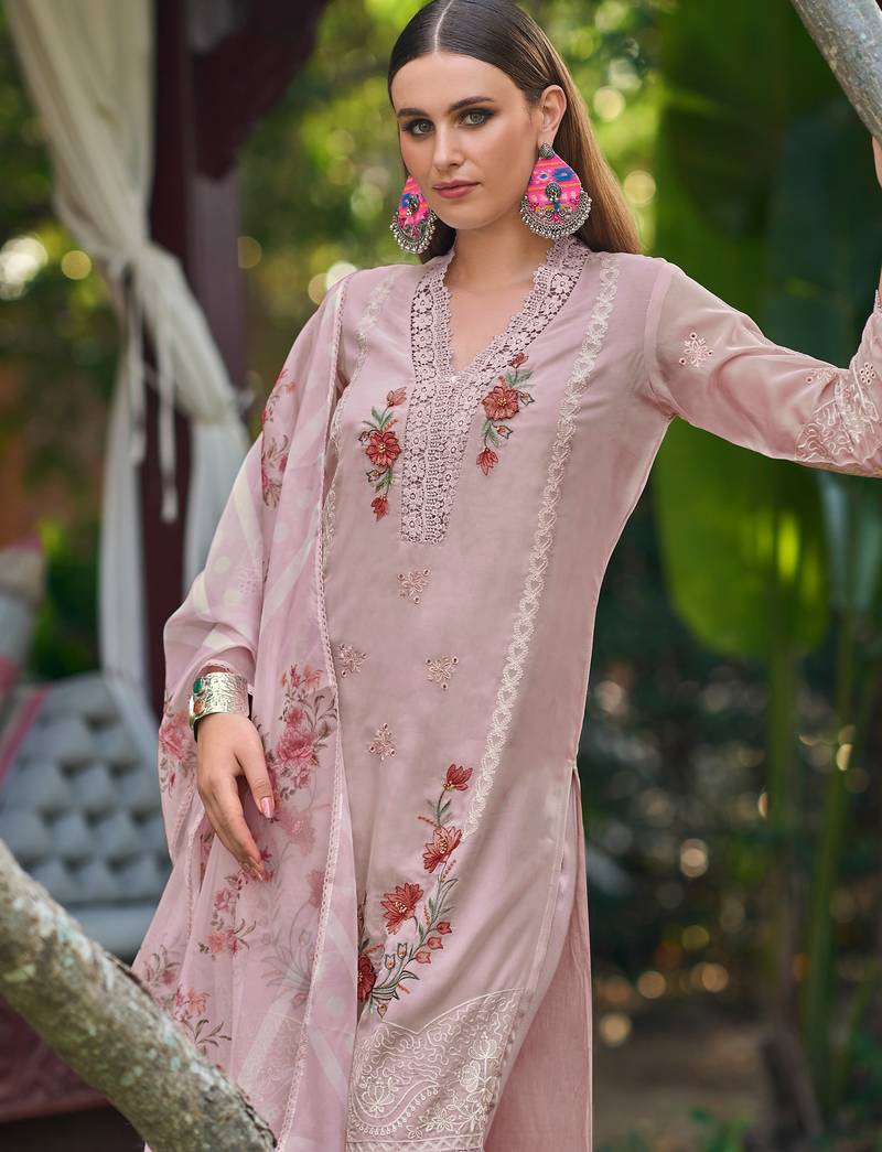 Pink embroidered silk blend kurta trouser dupatta set