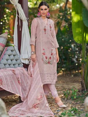 Pink embroidered silk blend kurta trouser dupatta set 2