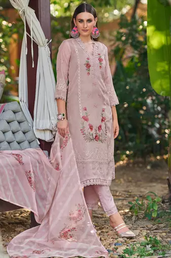 Pink embroidered silk blend kurta trouser dupatta set