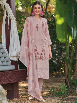 Pink embroidered silk blend kurta trouser dupatta set 3
