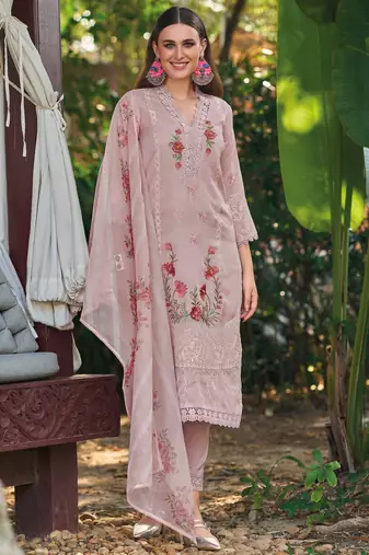 Pink embroidered silk blend kurta trouser dupatta set