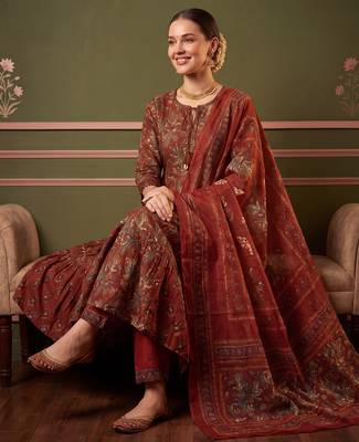 Orange printed pure cotton kurta trouser dupatta set 1