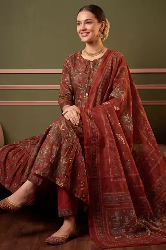 Orange printed pure cotton kurta trouser dupatta set