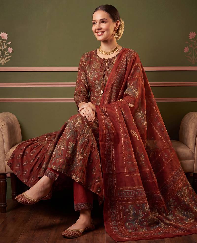 Orange printed pure cotton kurta trouser dupatta set