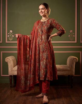 Orange printed pure cotton kurta trouser dupatta set 2