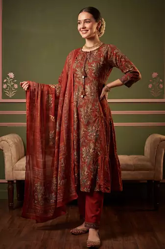 Orange printed pure cotton kurta trouser dupatta set