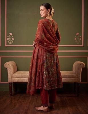 Orange printed pure cotton kurta trouser dupatta set 3