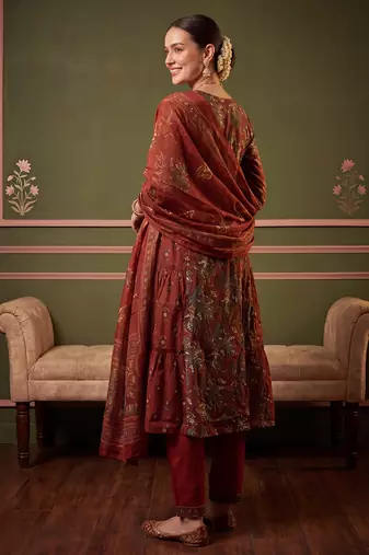 Orange printed pure cotton kurta trouser dupatta set