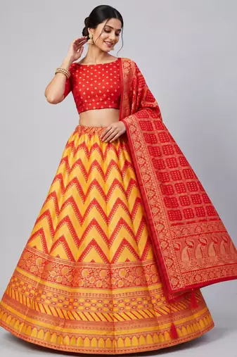 multicolor silk blend woven designer lehenga-choli upto 42