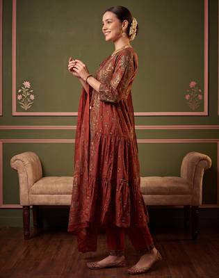 Orange printed pure cotton kurta trouser dupatta set 4