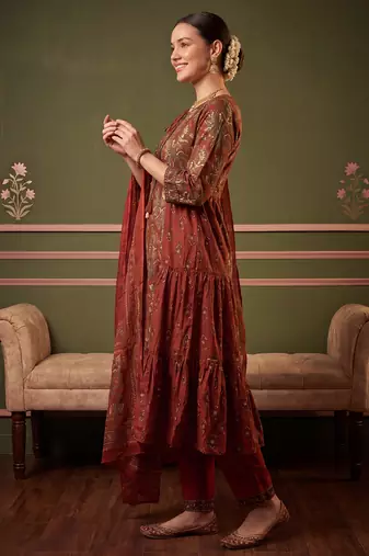 Orange printed pure cotton kurta trouser dupatta set
