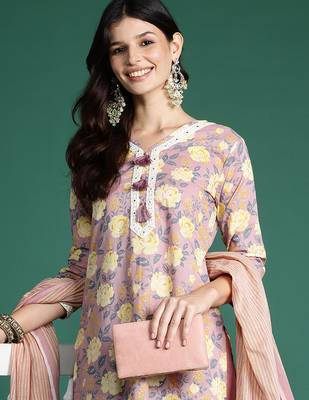 Mauve printed pure cotton kurta trouser dupatta set 1