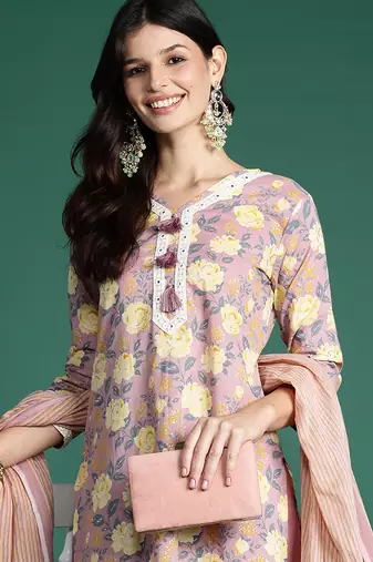Mauve printed pure cotton kurta trouser dupatta set