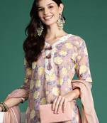 Mauve printed pure cotton kurta trouser dupatta set