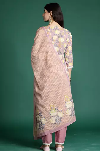 Mauve printed pure cotton kurta trouser dupatta set