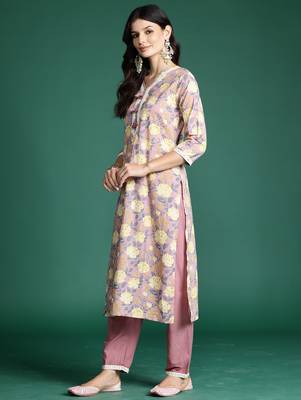 Mauve printed pure cotton kurta trouser dupatta set 3