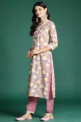 Mauve printed pure cotton kurta trouser dupatta set
