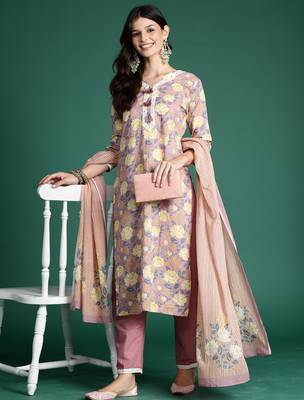 Mauve printed pure cotton kurta trouser dupatta set 4