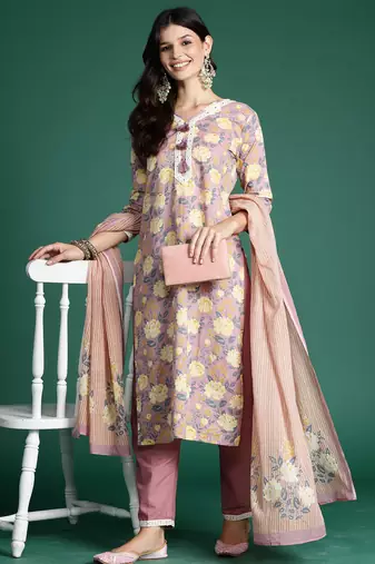 Mauve printed pure cotton kurta trouser dupatta set