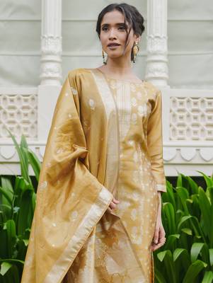 Mustard woven design silk blend kurta trouser dupatta set 1