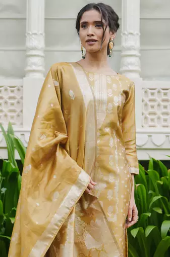 Mustard woven design silk blend kurta trouser dupatta set