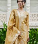 Mustard woven design silk blend kurta trouser dupatta set