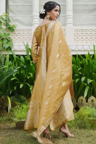 Mustard woven design silk blend kurta trouser dupatta set