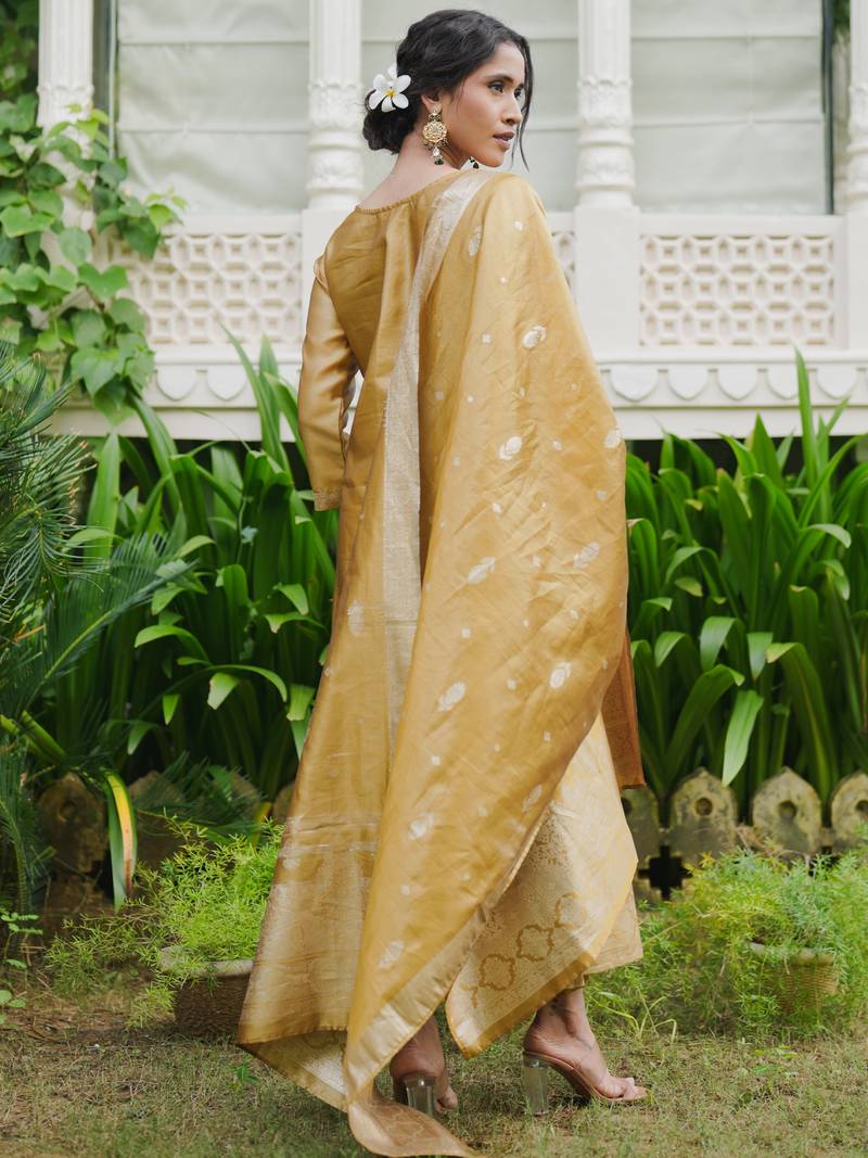 Mustard woven design silk blend kurta trouser dupatta set