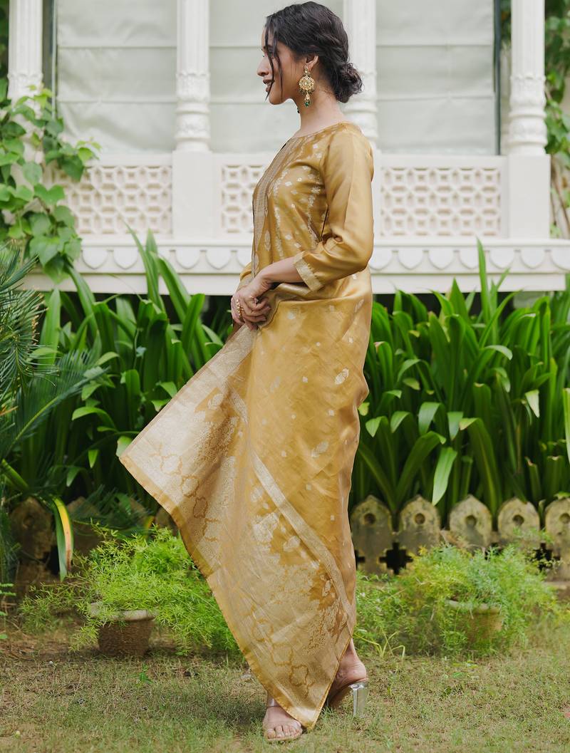 Mustard woven design silk blend kurta trouser dupatta set