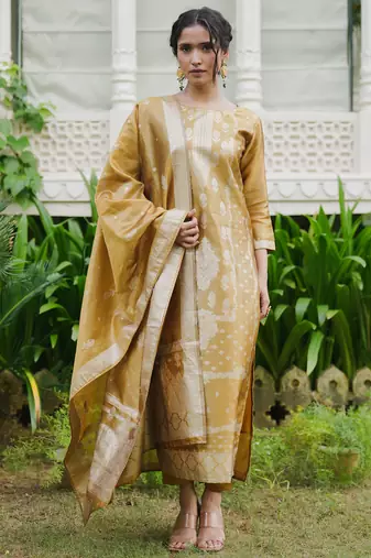 Mustard woven design silk blend kurta trouser dupatta set