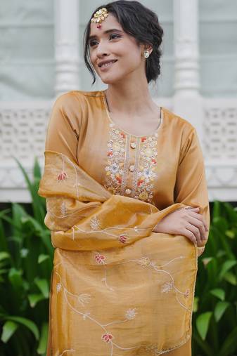 Yellow embroidered liva kurta trouser dupatta set