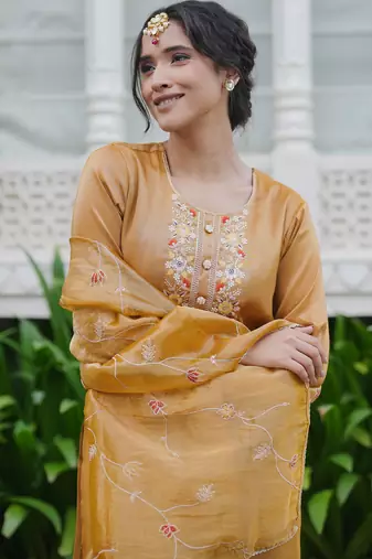 Yellow embroidered liva kurta trouser dupatta set