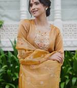 Yellow embroidered liva kurta trouser dupatta set