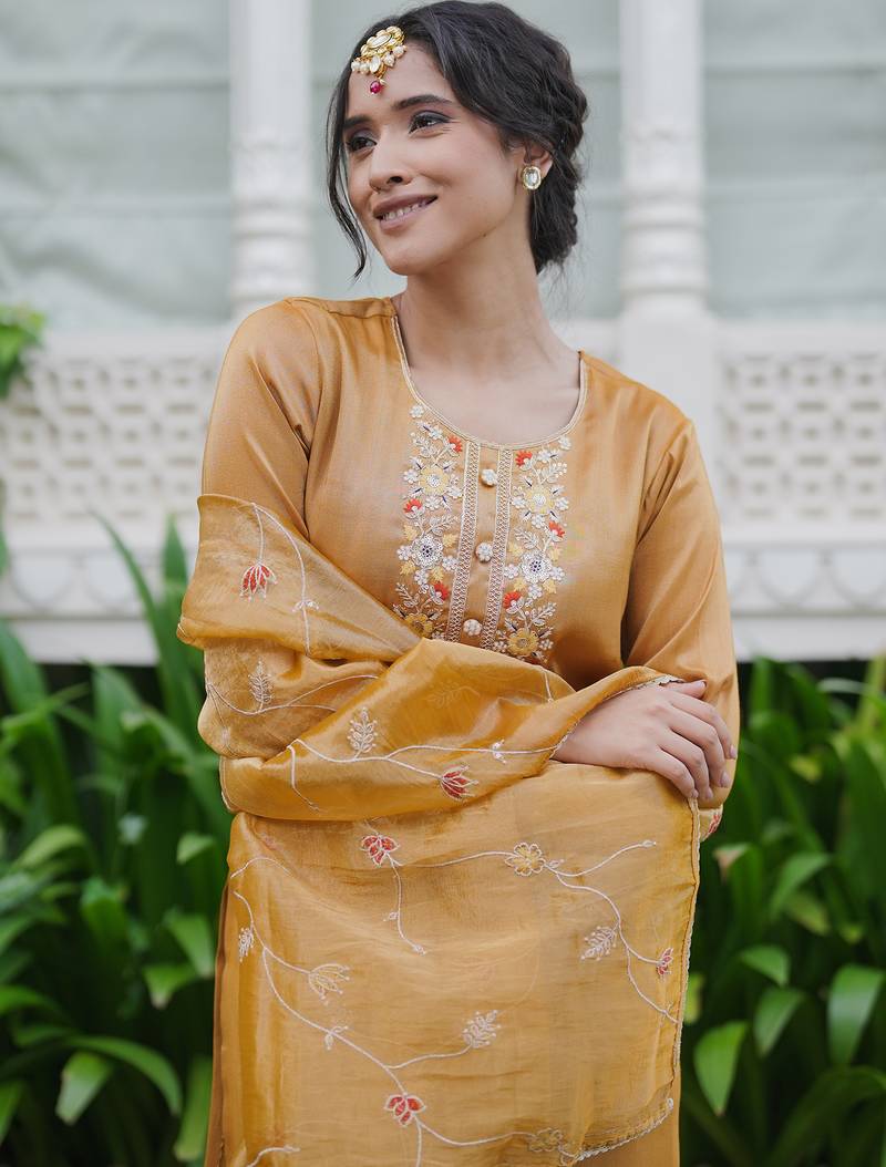 Yellow embroidered liva kurta trouser dupatta set