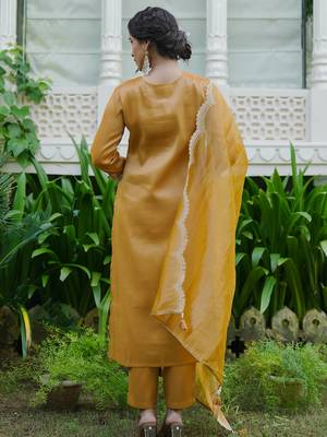 Yellow embroidered liva kurta trouser dupatta set 2