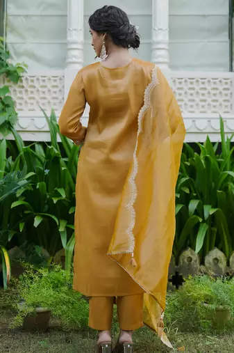Yellow embroidered liva kurta trouser dupatta set