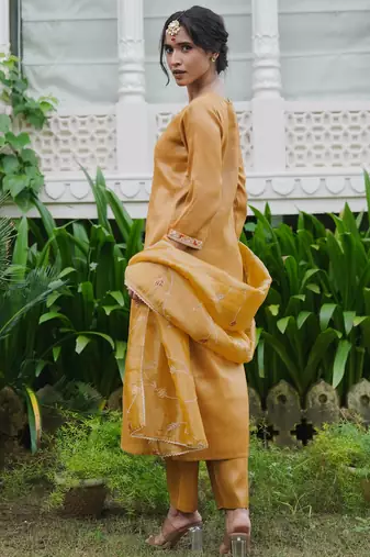 Yellow embroidered liva kurta trouser dupatta set