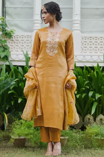 Yellow embroidered liva kurta trouser dupatta set