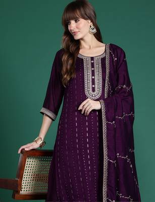 Purple embroidered silk blend kurta trouser dupatta set 1