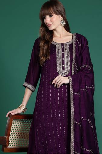 Purple embroidered silk blend kurta trouser dupatta set