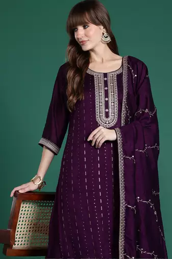 Purple embroidered silk blend kurta trouser dupatta set