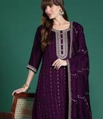 Purple embroidered silk blend kurta trouser dupatta set